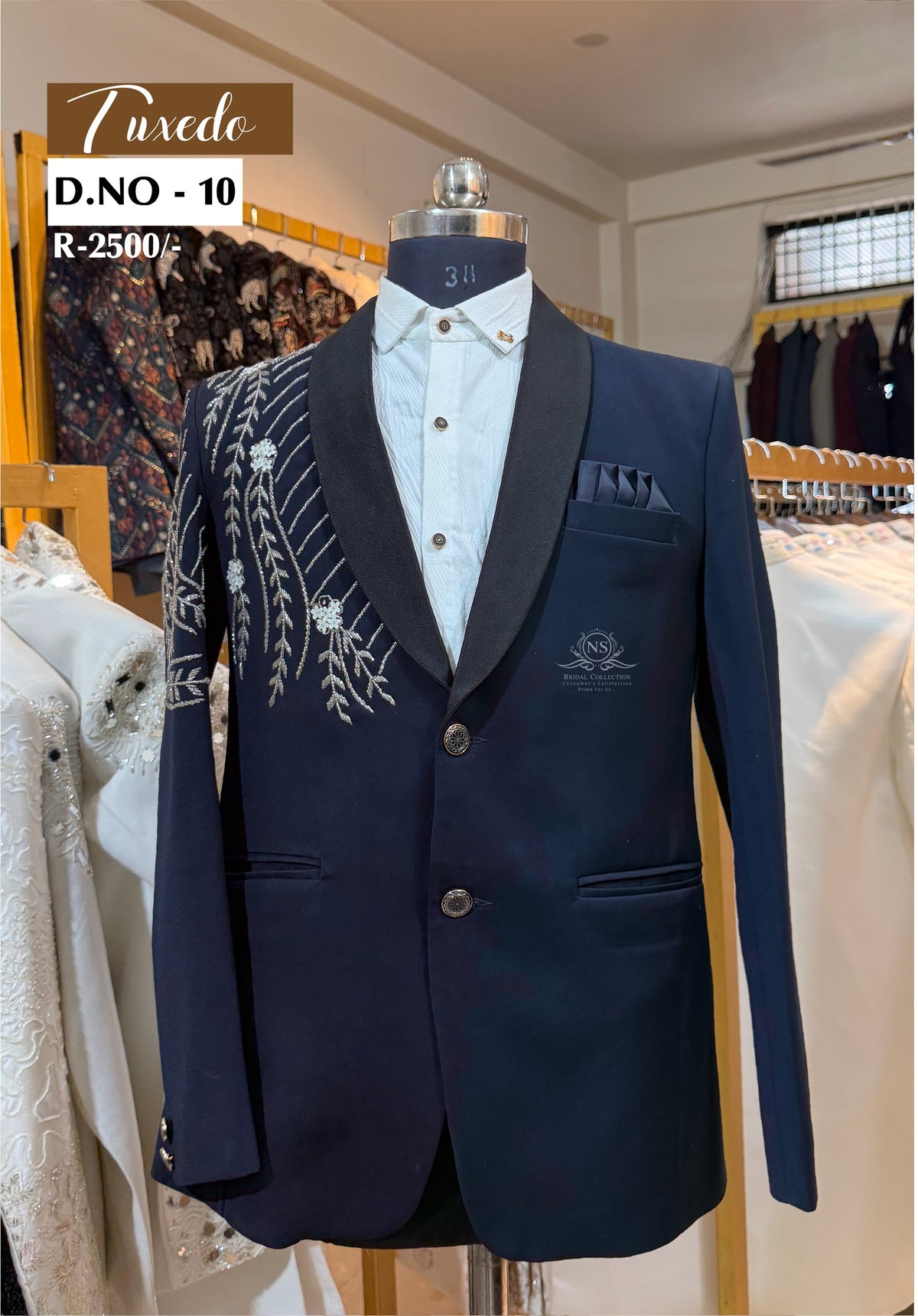 Midnight Blue Silver Vine Embroidered Tuxedo - D.NO. 10 for groom reception – NS Bridal & Groom Collection