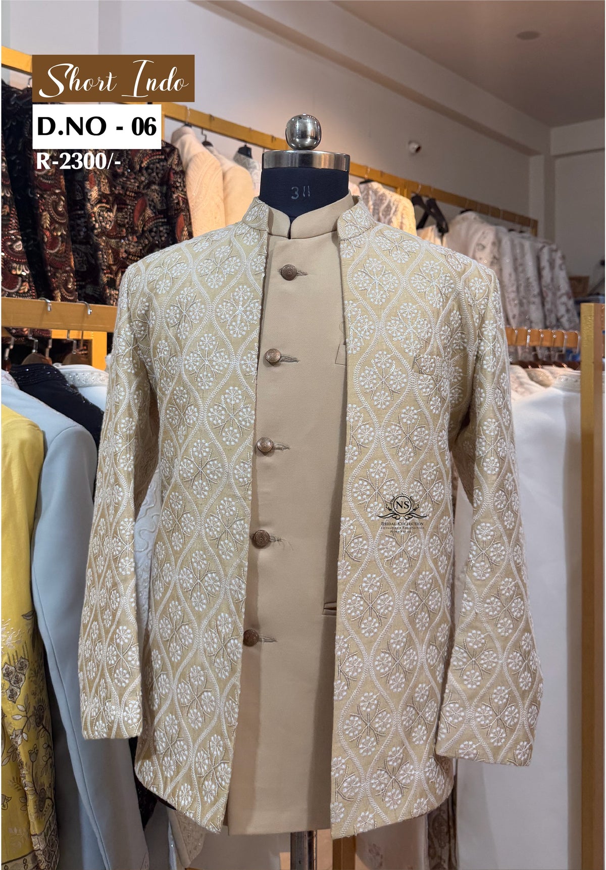 Fawn Geometric Diamond Pattern Embroidered Indo Western Jacket Set - NS Bridal & Groom Collection