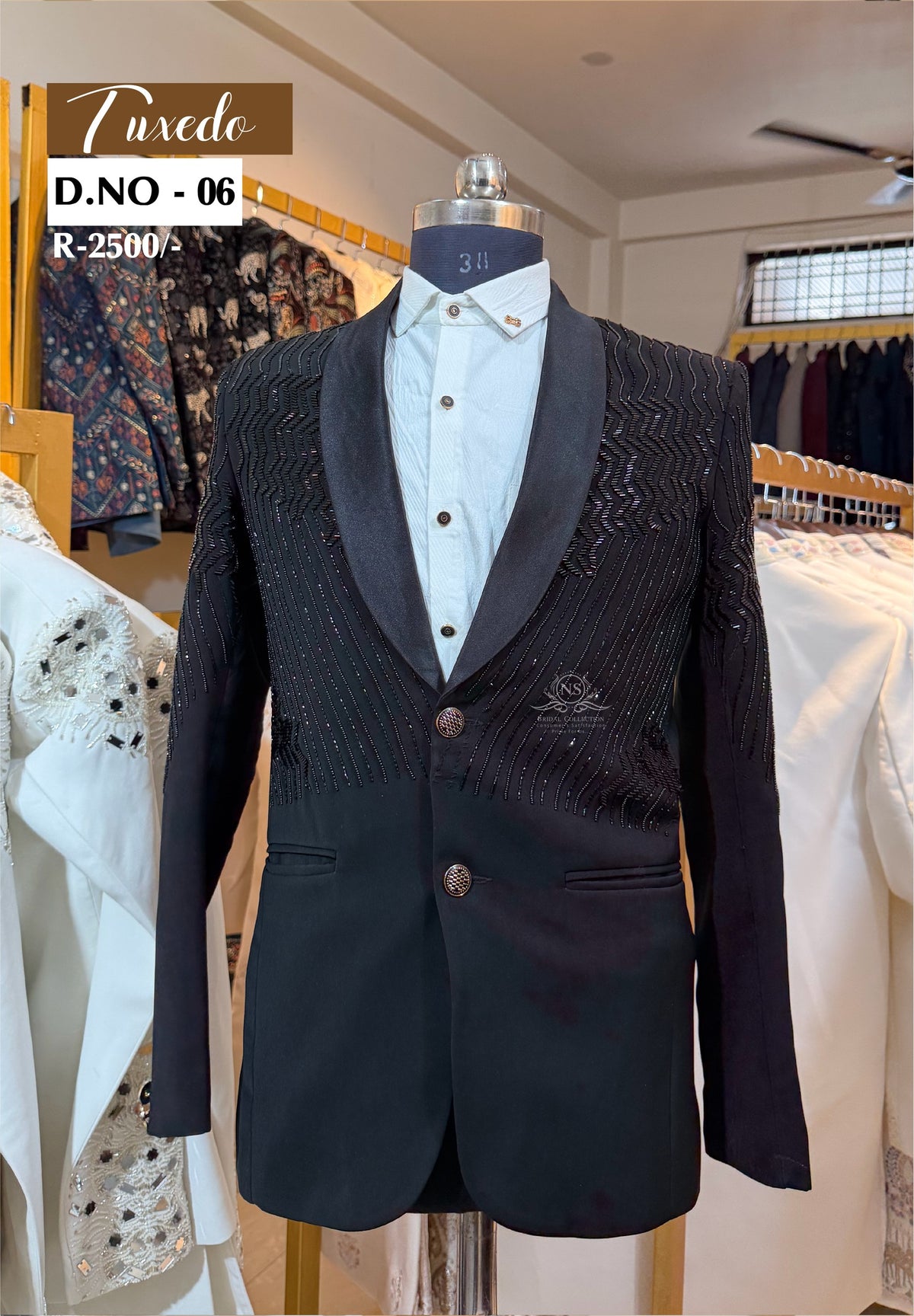 Textured Black Linear Beaded Tuxedo - D.NO. 06 for groom reception – NS Bridal & Groom Collection
