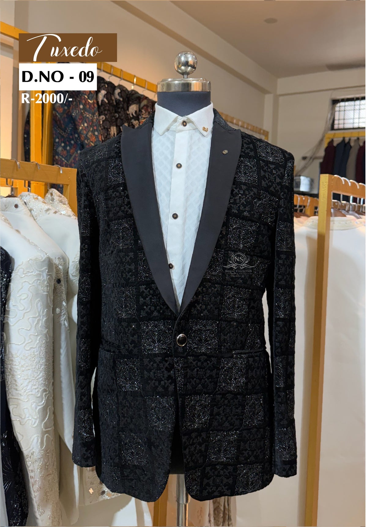 Charcoal Metallic Grid Jacquard Tuxedo - D.NO. 09 for groom reception – NS Bridal & Groom Collection