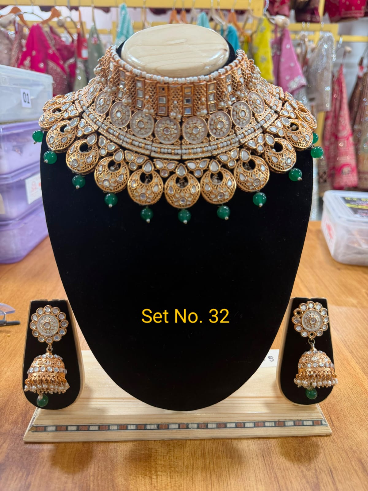 Ornate Gold-Plated Choker &amp; Jhumka with Emerald Green Drops Set No - 32