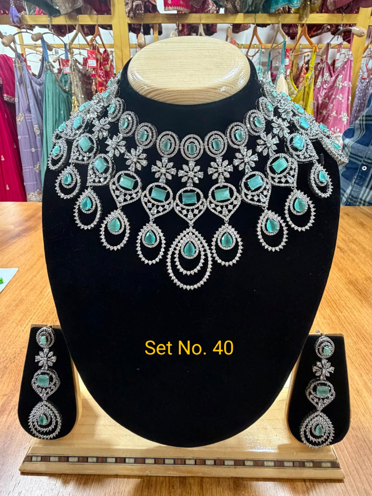 Modern American Diamond Bib Choker Set with Mint Blue Stone Accents Set No - 40
