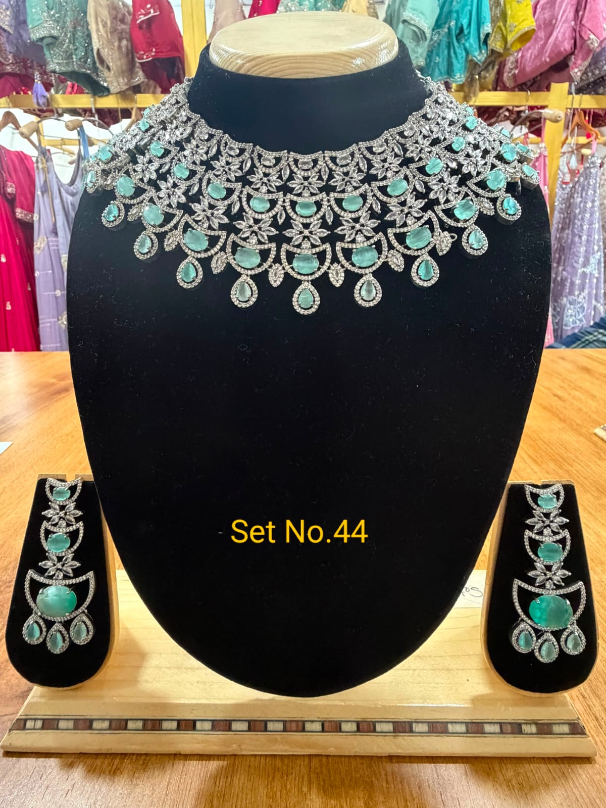 Celestial American Diamond &amp; Mint Green Crescent Choker Set No -44