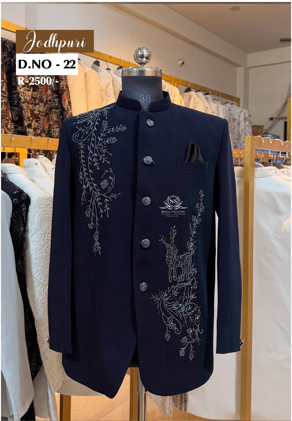 Navy Blue Armani Jodhpuri Suit with Minimal Deer Handwork - NS Bridal & Groom Collection
