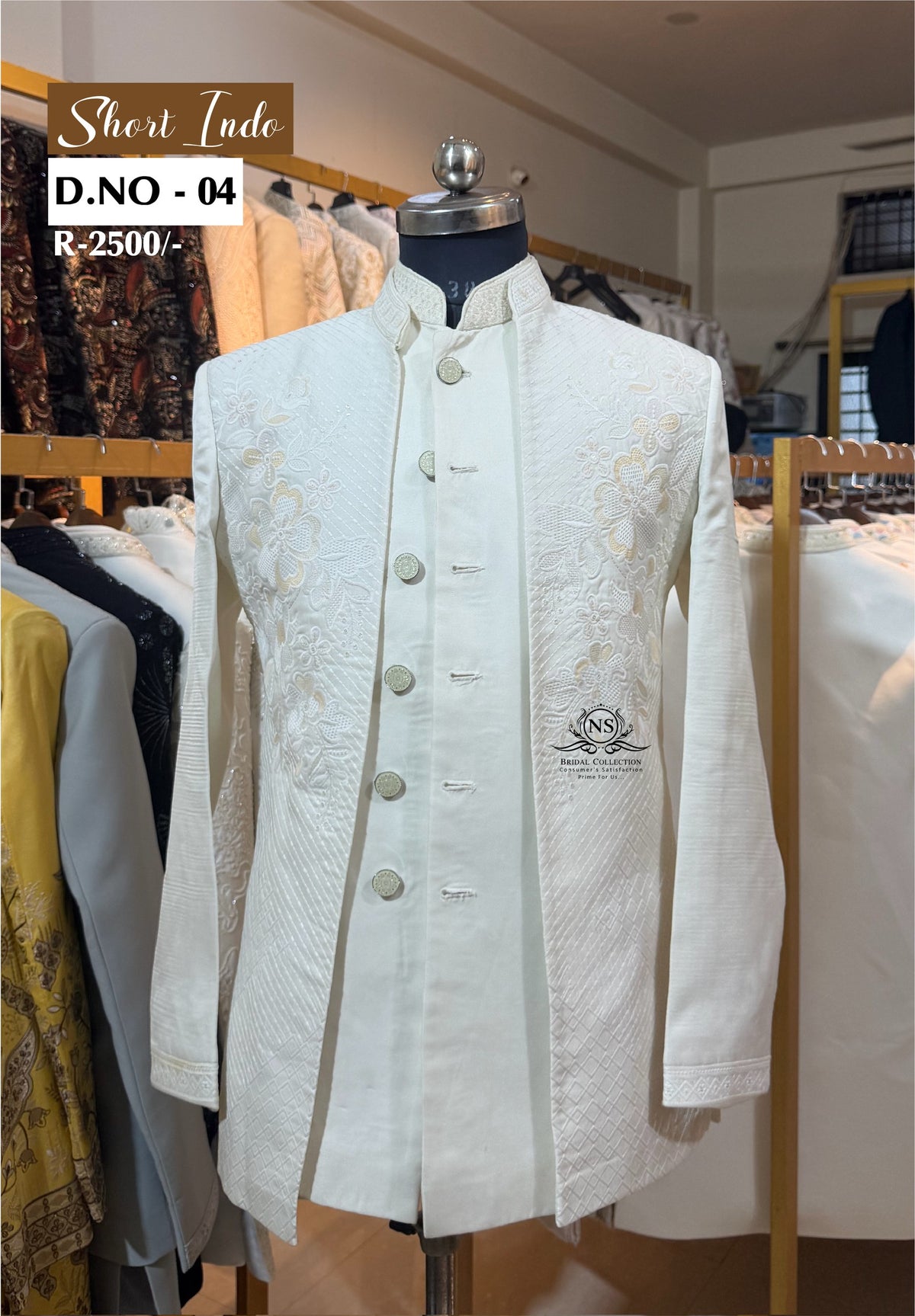 Ivory Floral Tonal Embroidered Indo Western with Diamond Pattern Jacket - NS Bridal & Groom Collection