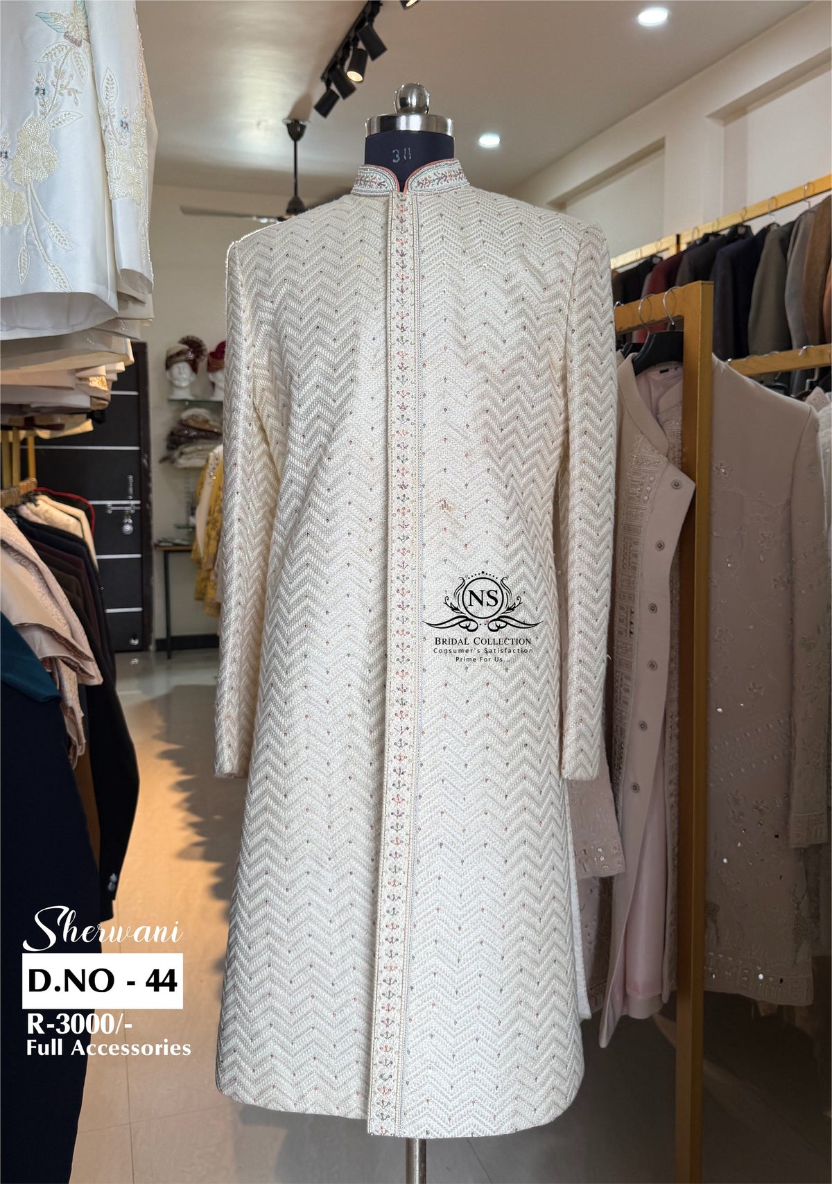 Ivory Zigzag Placket Detail Sherwani - D.NO. 44 for groom – NS Bridal & Groom Collection