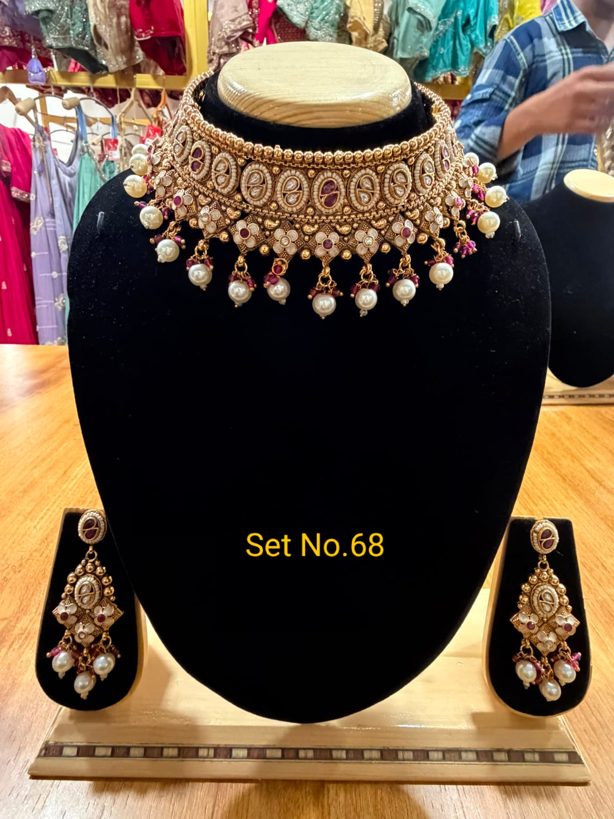 Antique Matte Gold Floral Choker Set with Ruby &amp; Pearl Fringe Set No - 68