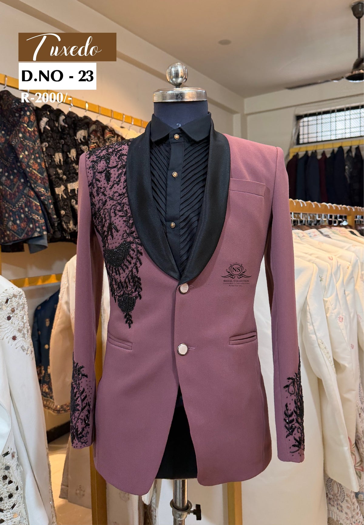 Dusty Rose Black Lace Applique Tuxedo - D.NO. 23 for groom reception – NS Bridal & Groom Collection