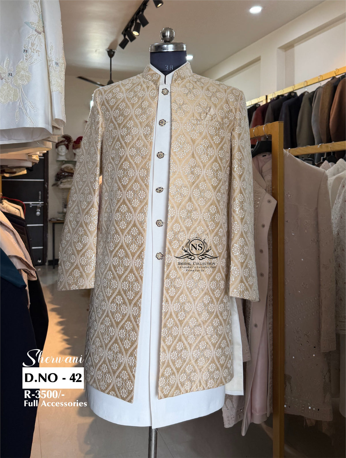 Golden on White Embroidery with Jacket Sherwani - D.NO. 42 for groom – NS Bridal & Groom Collection