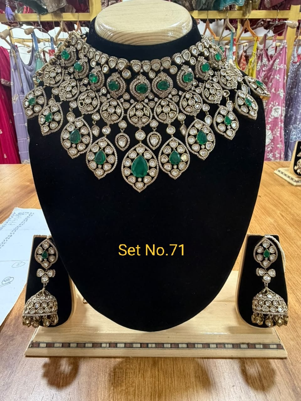 Regal Emerald Green &amp; Polki High-Neck Bib Choker Set No - 71