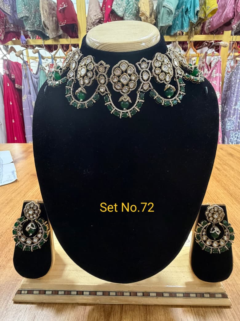 Regal Emerald Green &amp; Polki Scalloped Choker Set with Chandbali Drops Set No - 72