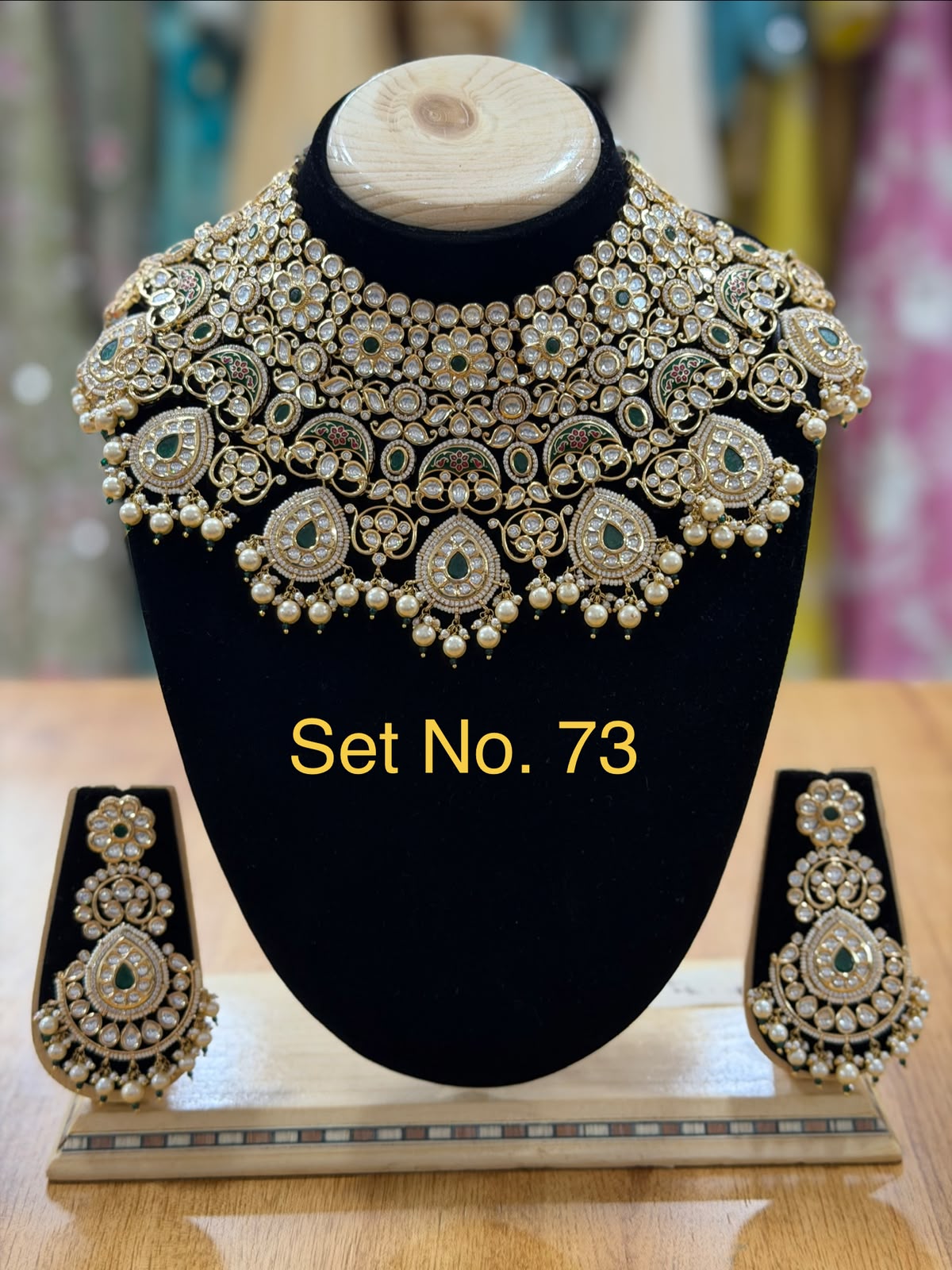 Imperial Meenakari &amp; Kundan Bib Choker Set with Emerald Drops Set No - 73