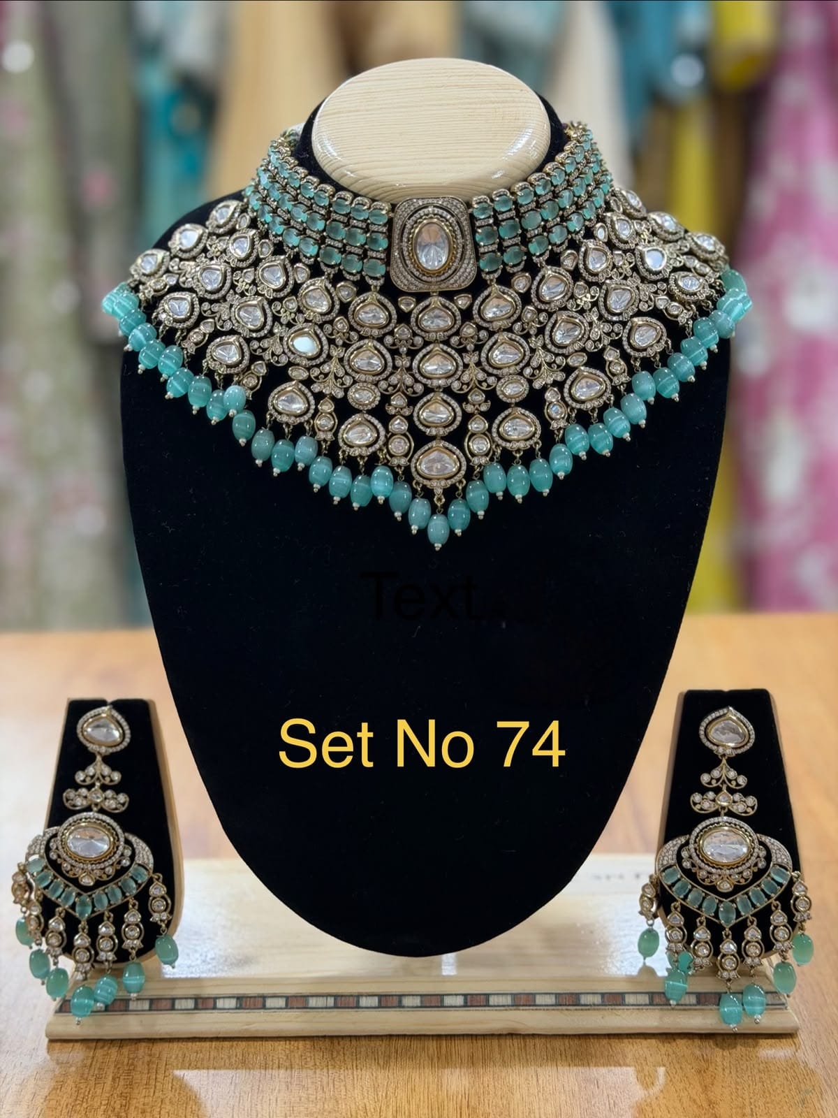 Regal Mint Green &amp; Polki High-Neck Bib Choker Set No - 74