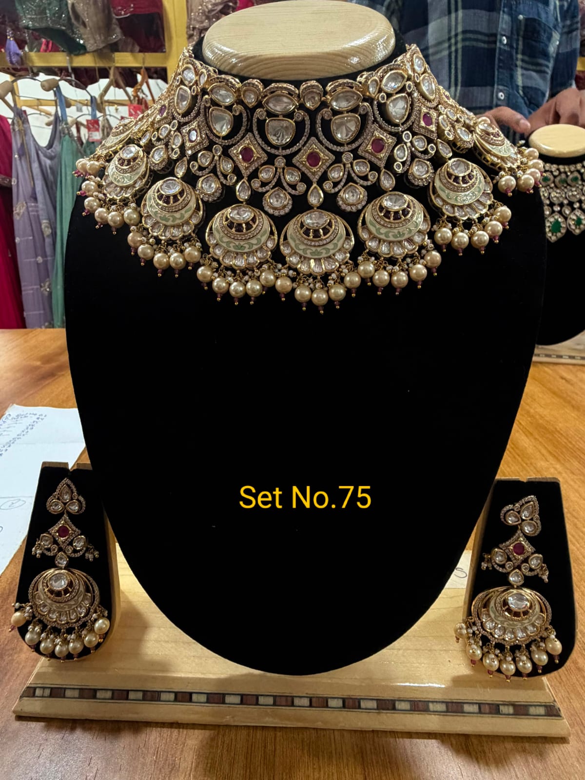 Regal Mint Green Meenakari &amp; Polki Choker Set with Chandbali Drapes Set No - 75