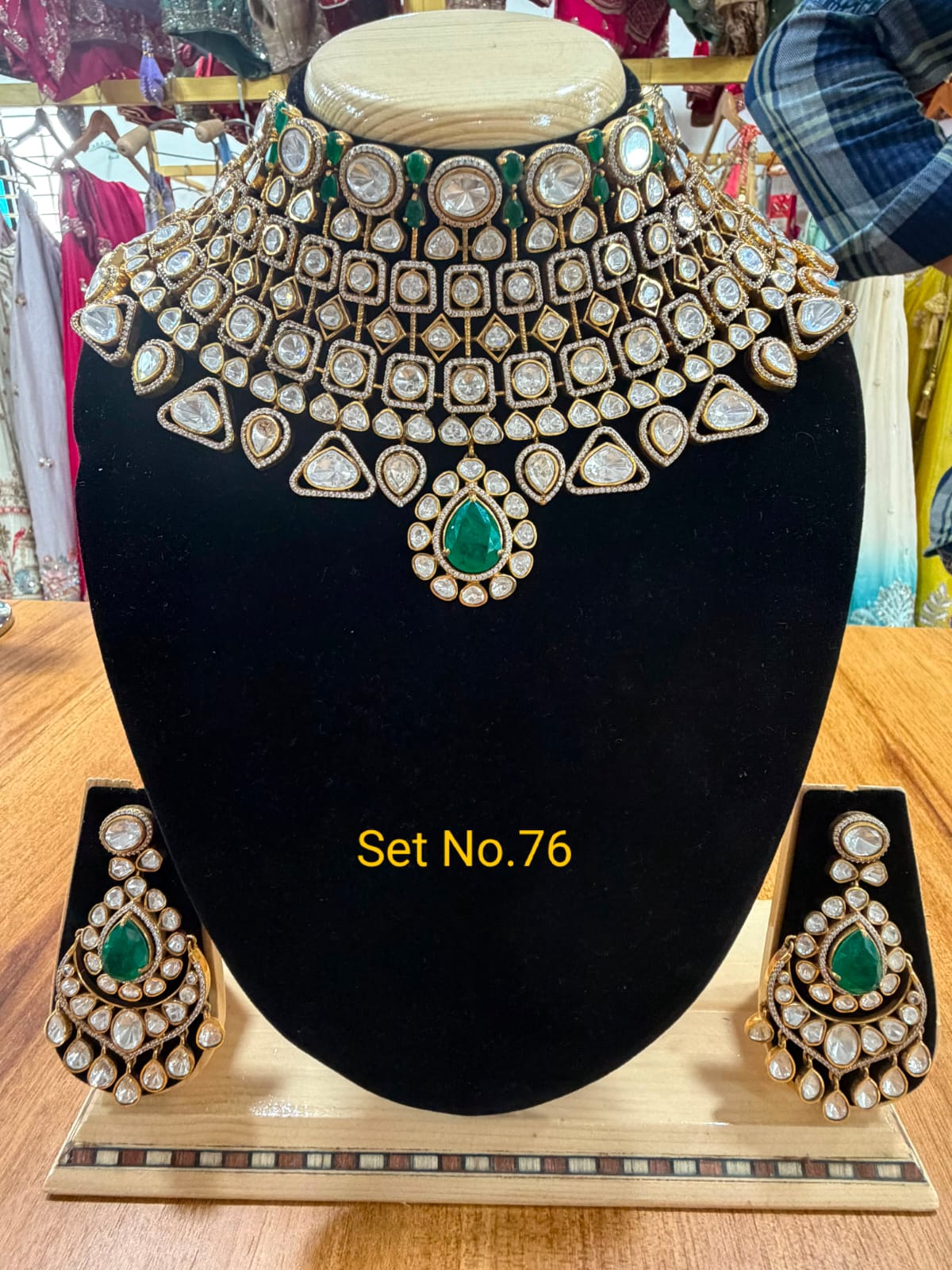 Regal Emerald &amp; Polki High-Neck Bib Choker Set with Statement Teardrop Pendant Set No - 76