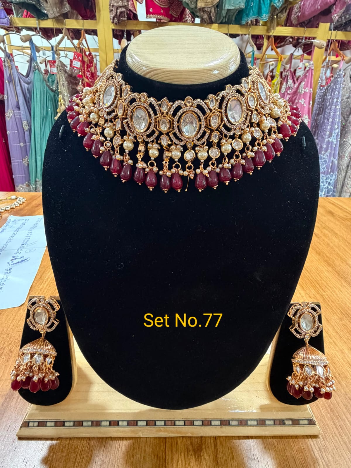 Antique Gold &amp; Maroon Polki Statement Choker Set No - 77