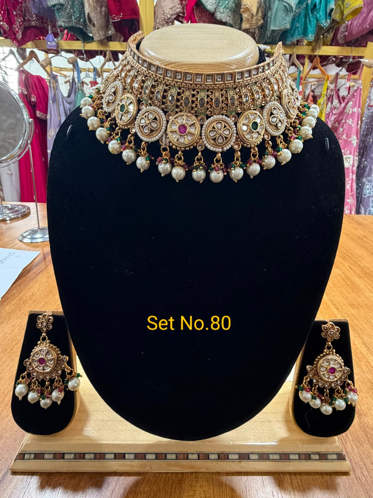 Vintage Matte Gold Navratna Style Medallion Choker Set No - 80