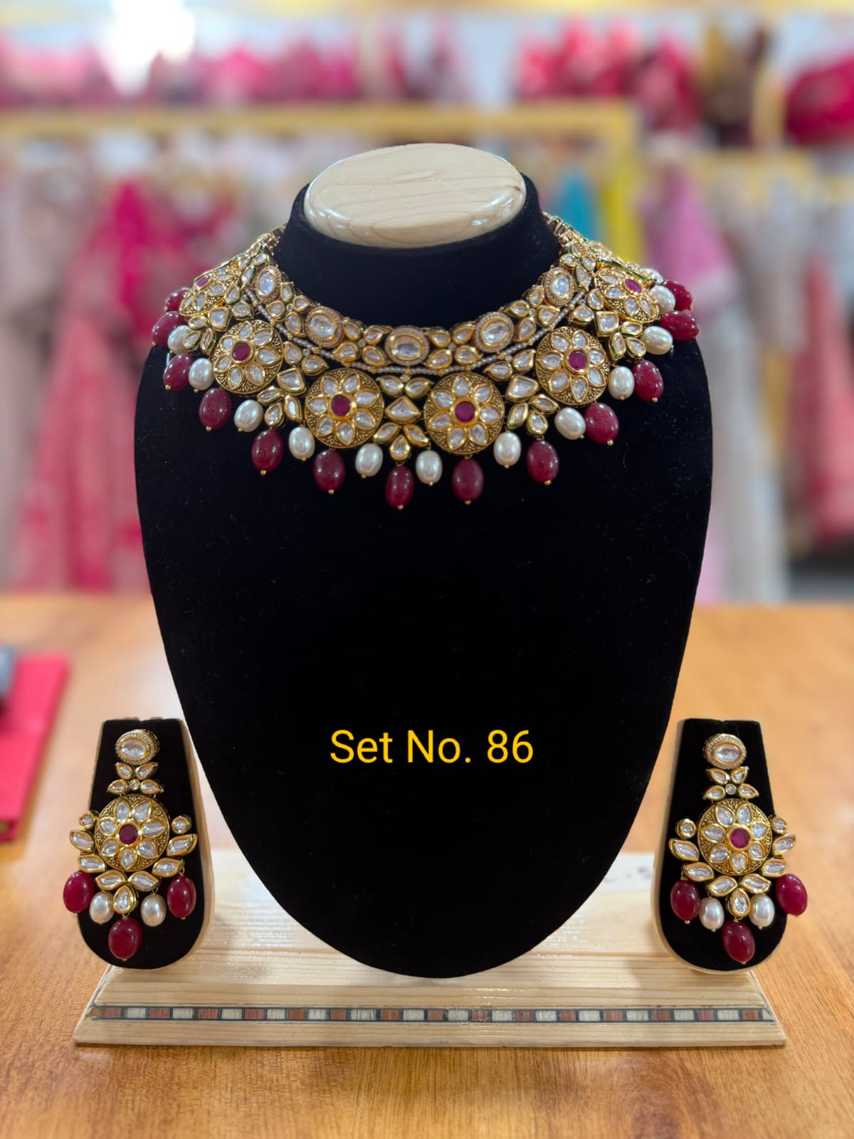 Vintage Matte Gold &amp; Ruby Polki Choker Set No - 86