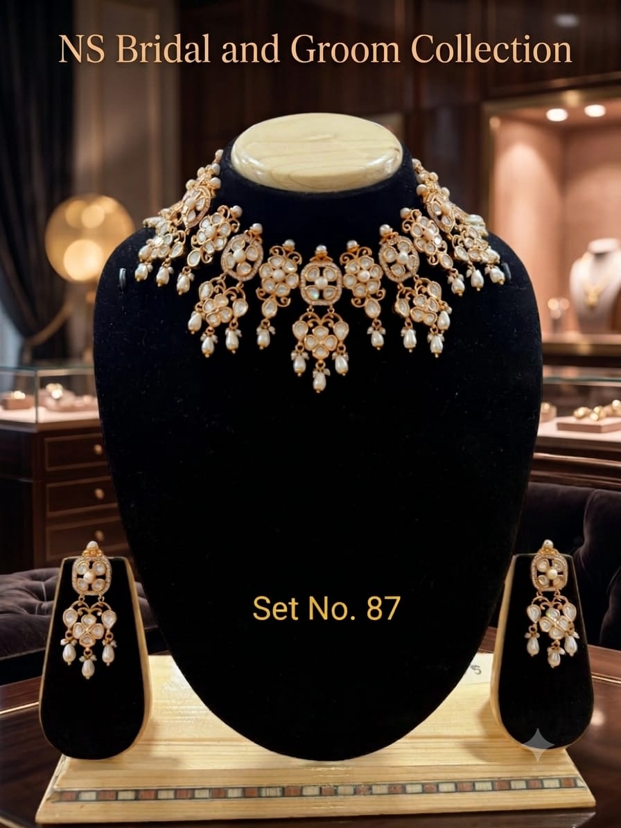 Vintage Gold &amp; Pearl Heritage Polki Choker Set No -87