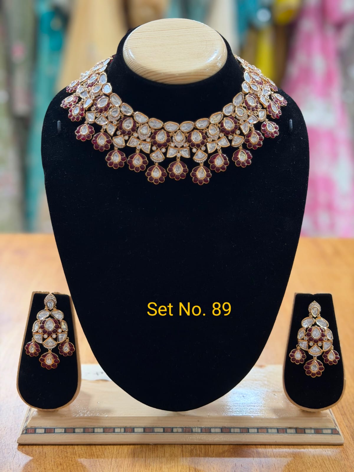 Heritage Maroon Red &amp; Polki Scalloped Choker Set No - 89