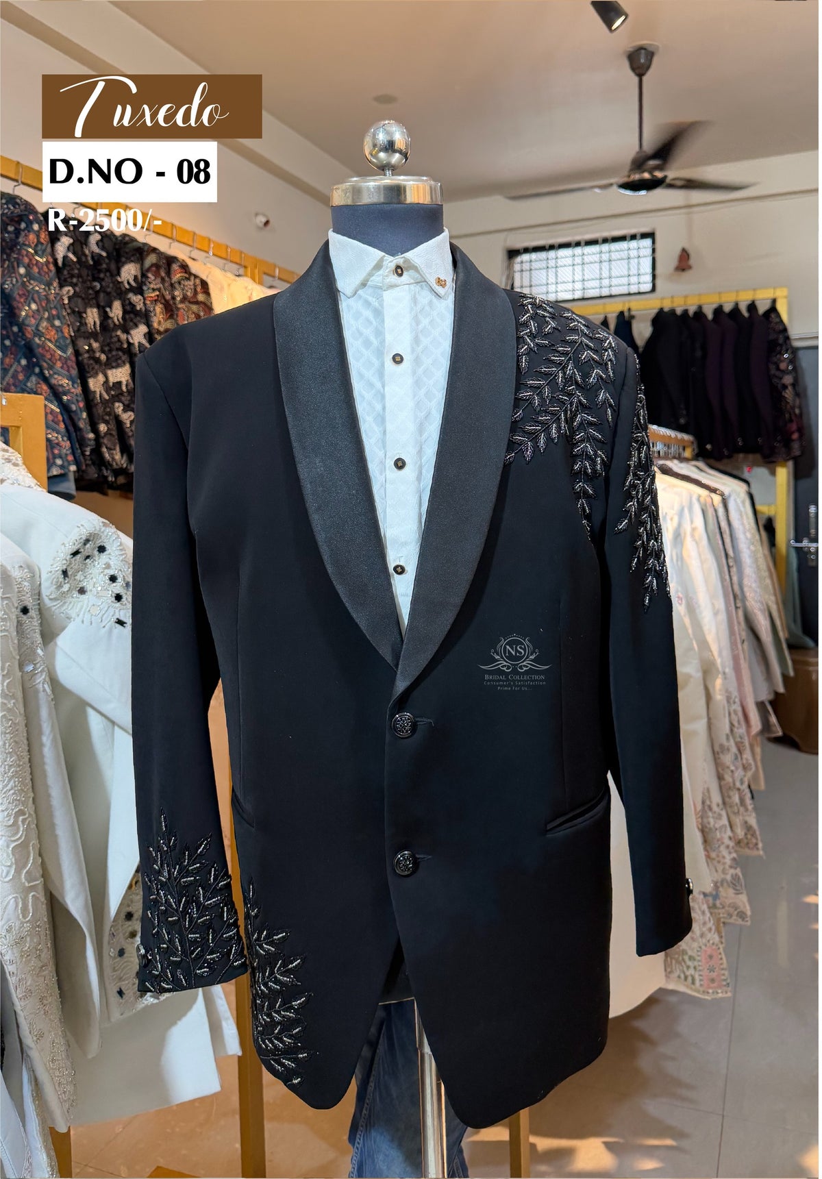 Midnight Navy Silver Branch Embroidered Tuxedo - D.NO. 08 for groom reception – NS Bridal & Groom Collection