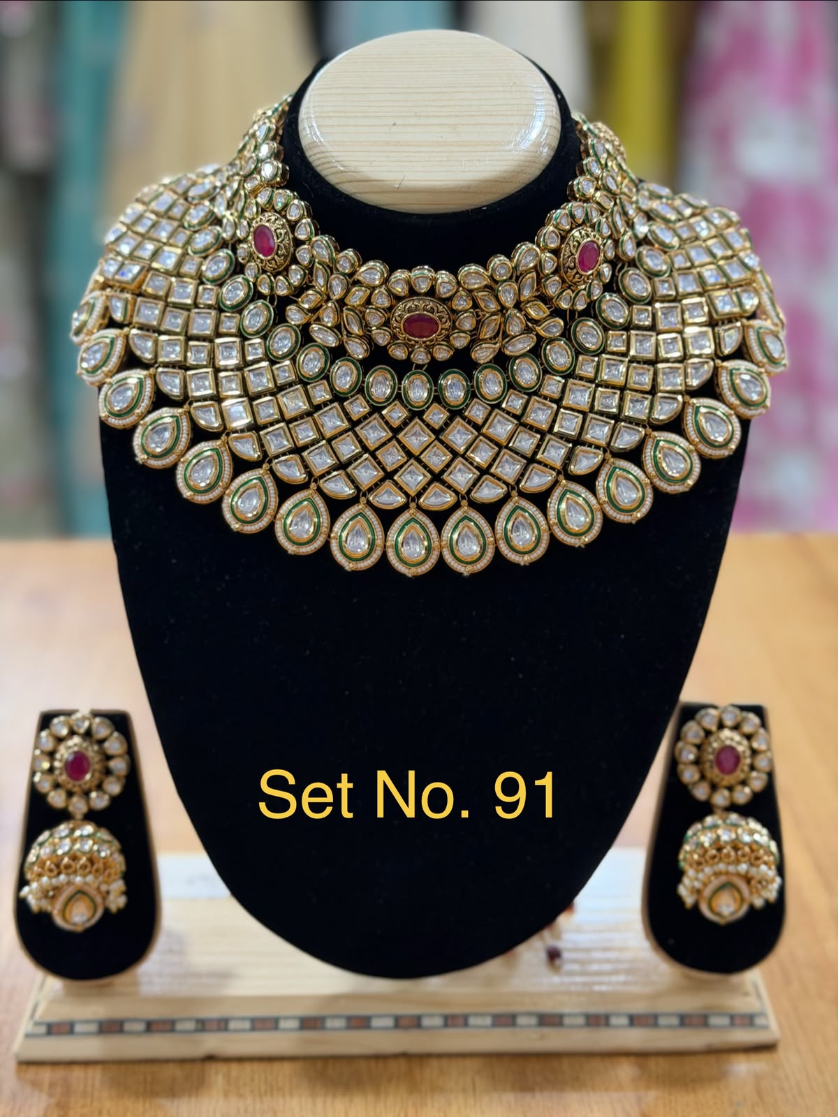 Royal Multi-Color Polki Full-Coverage Bridal Bib Set No - 91
