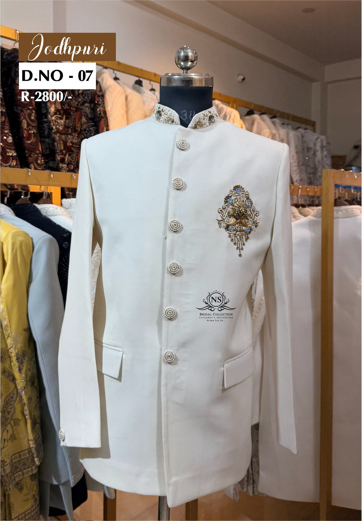 White Bandhgala Jodhpuri Suit with Lion Metal Brooch - NS Bridal & Groom Collection