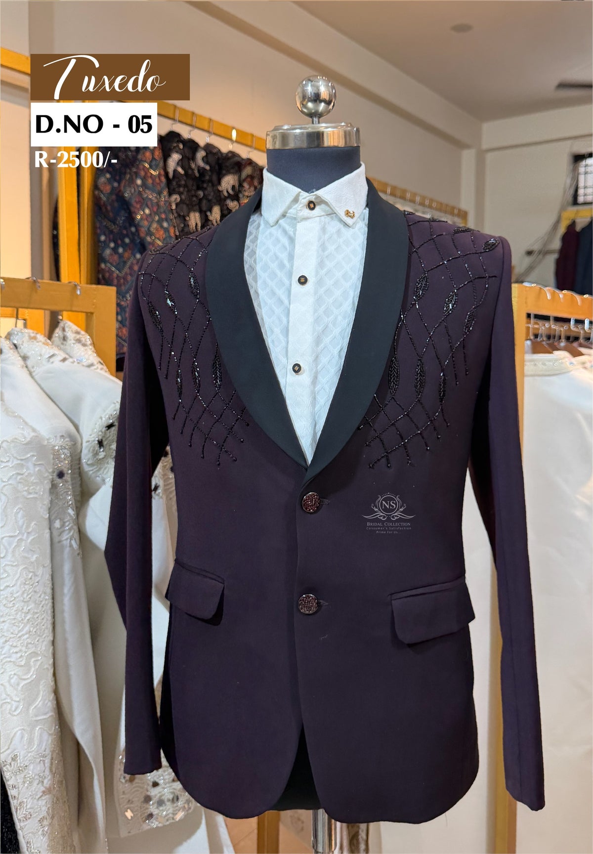 Deep Wine Beaded Shoulder Tuxedo - D.NO. 05 for groom reception – NS Bridal & Groom Collection