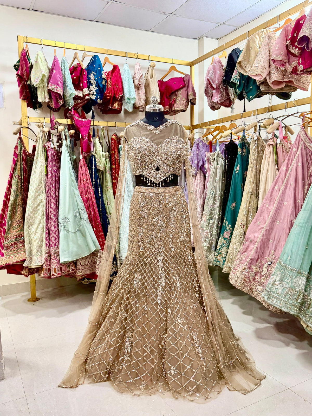 Golden Fishcut Falling Slives Western Fishcut Lehenga – D.NO. 04 – NS Bridal & Groom Collection