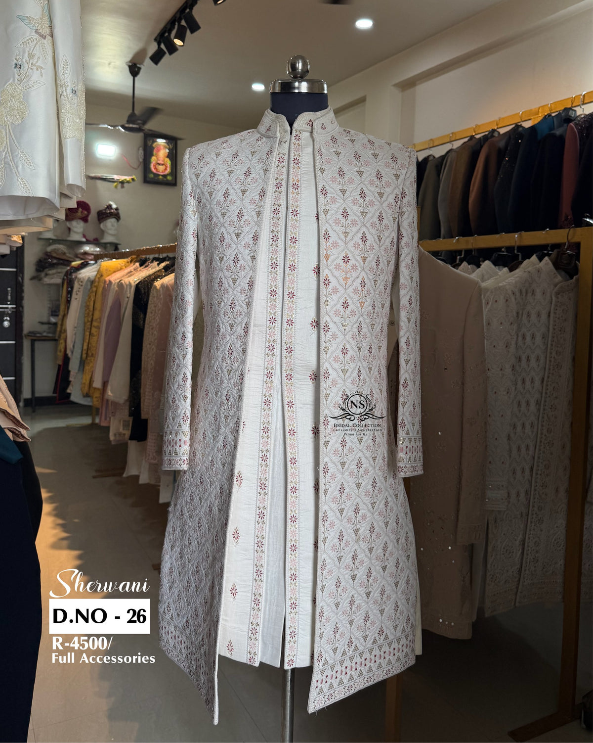 White Open Long Indo Floral Sherwani - D.NO. 26 for groom – NS Bridal & Groom Collection