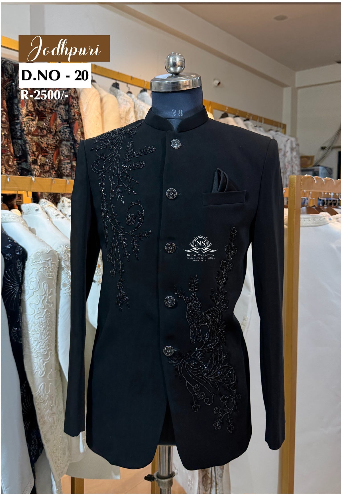 Black Armani Jodhpuri Suit with Minimal Deer Motif Handwork - NS Bridal & Groom Collection