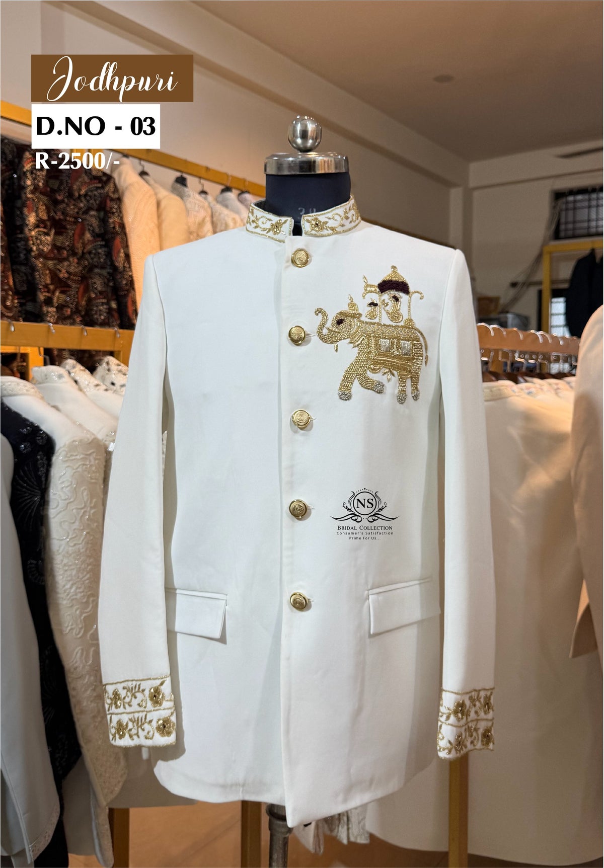 White Bandhgala Jodhpuri Suit with Elephant Motifs - NS Bridal & Groom Collection
