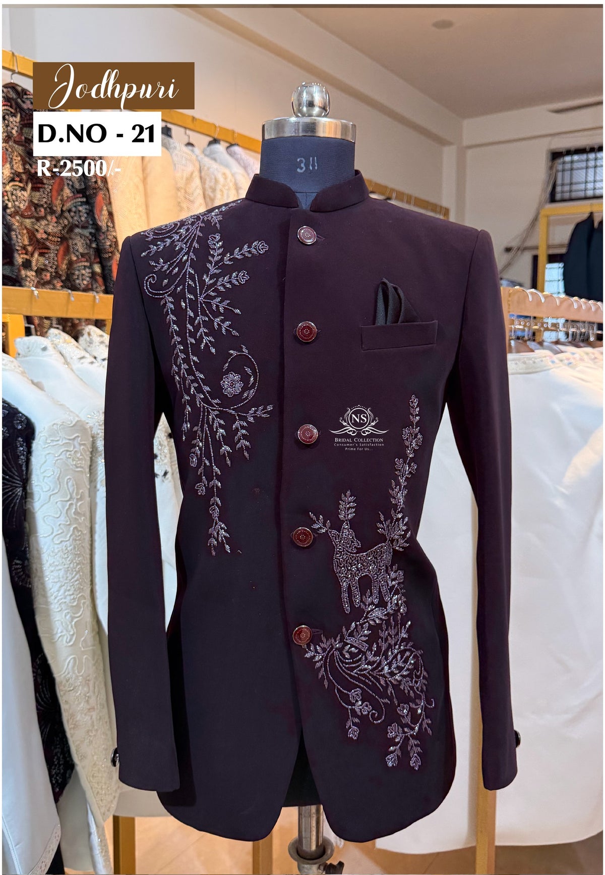 Wine Armani Jodhpuri Suit with Minimal Deer Motif Handwork - NS Bridal & Groom Collection