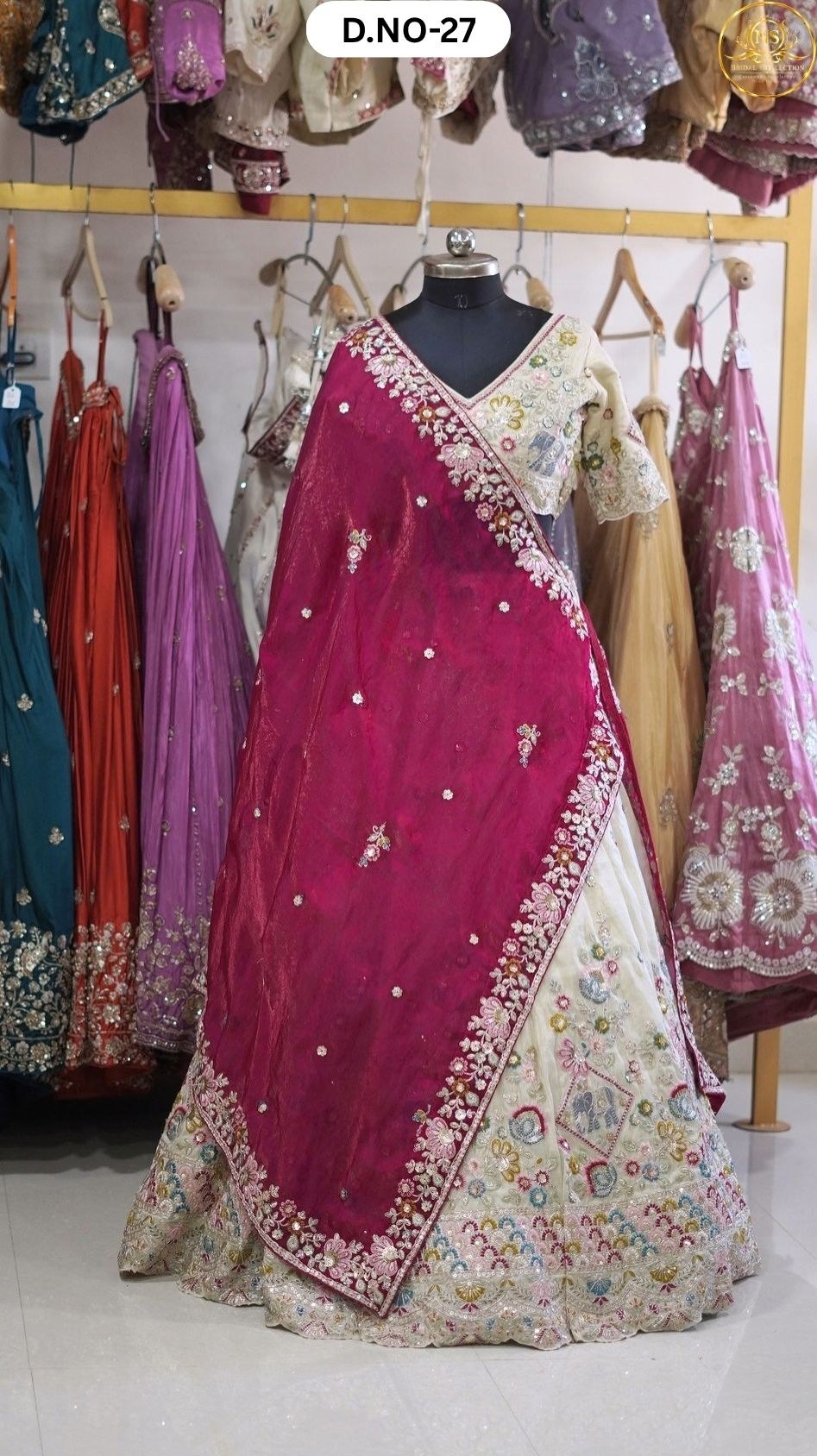 Off White Cream Multi Flower Sider Lehenga – D.NO. 27 – NS Bridal & Groom Collection
