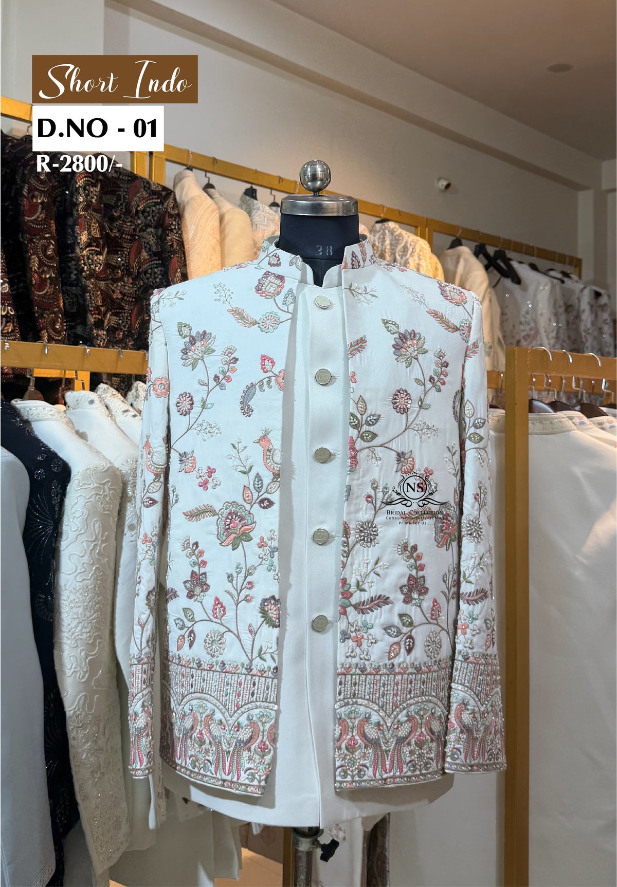 Beige Deer Motif Handwork Indo Western with Embroidered Jacket - NS Bridal & Groom Collection