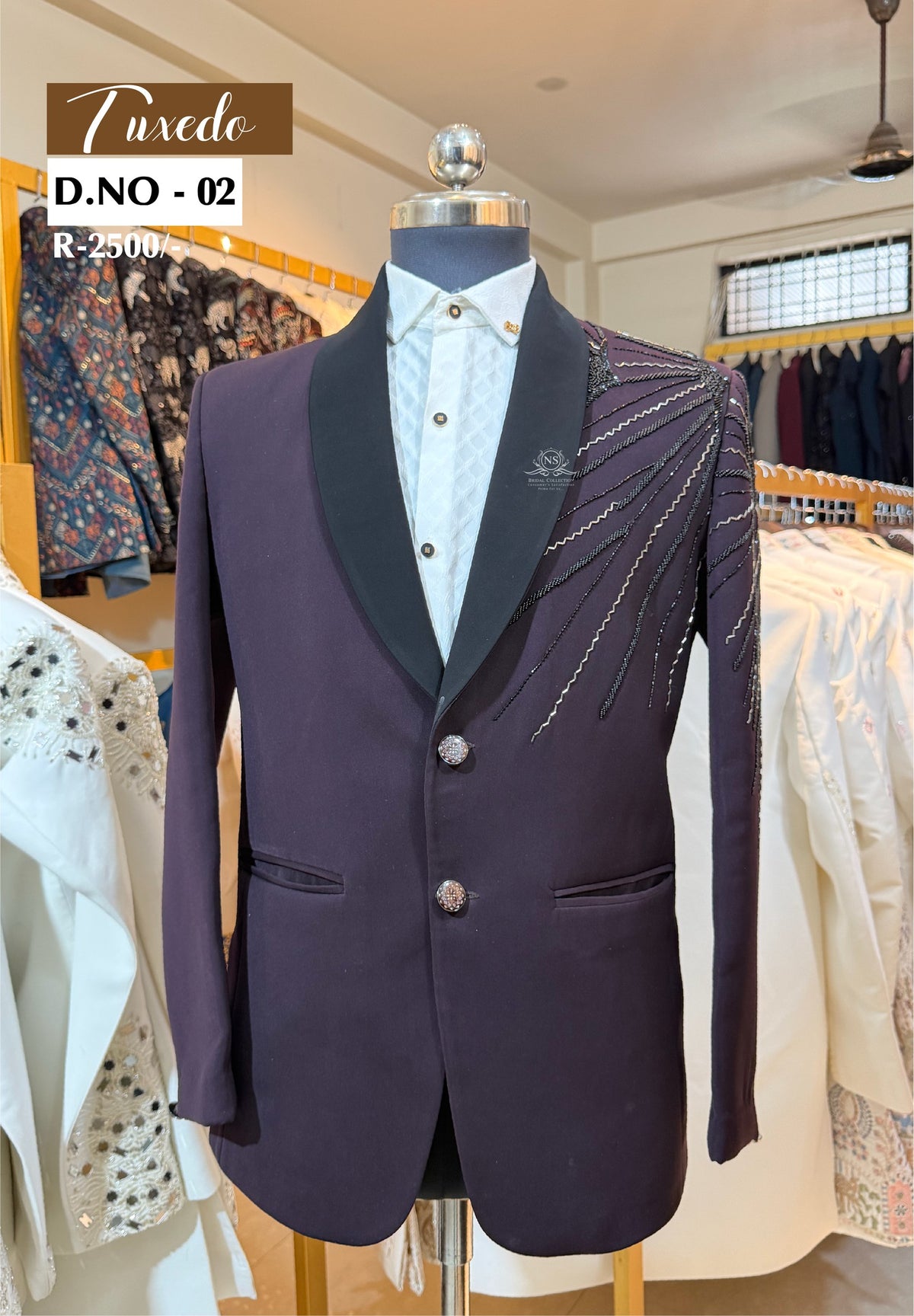 Plum Wine Embellished Tuxedo - D.NO. 02 for groom reception – NS Bridal & Groom Collection