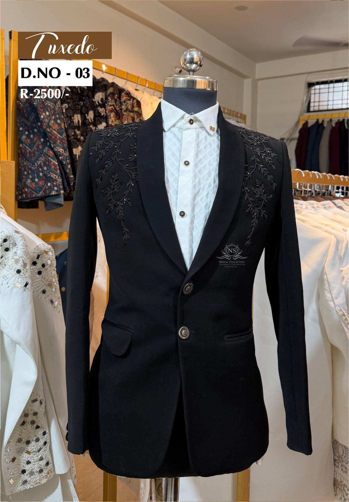 Jet Black Tone-on-Tone Embroidered Tuxedo - D.NO. 03 for groom reception – NS Bridal & Groom Collection