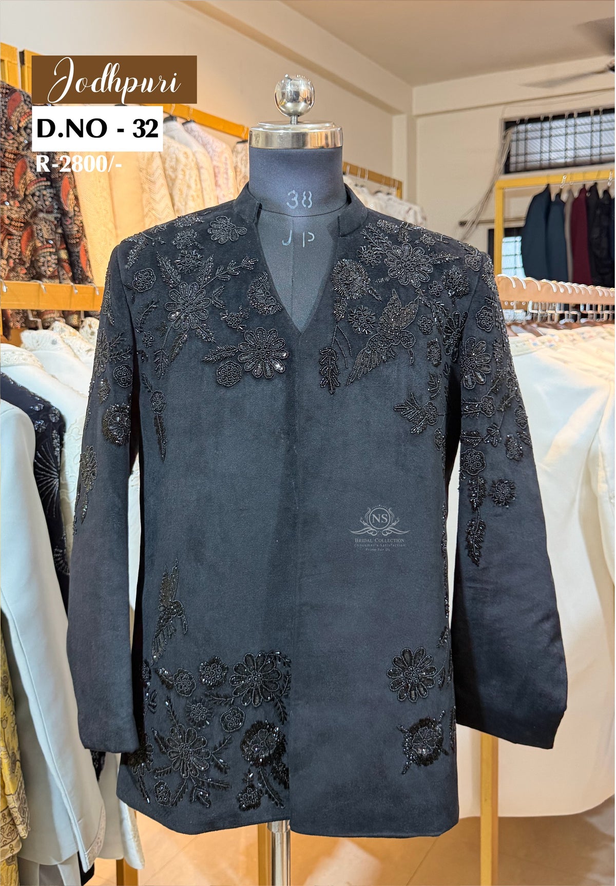 Black Velvet V-Shape Handwork Embroidered Jodhpuri Suit - NS Bridal & Groom Collection