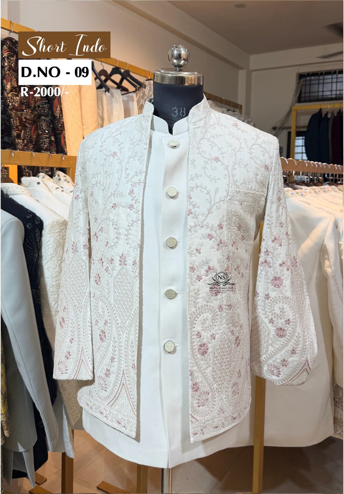 Light Mint Green Indo Western with White Thread Embroidery and Jacket - NS Bridal & Groom Collection