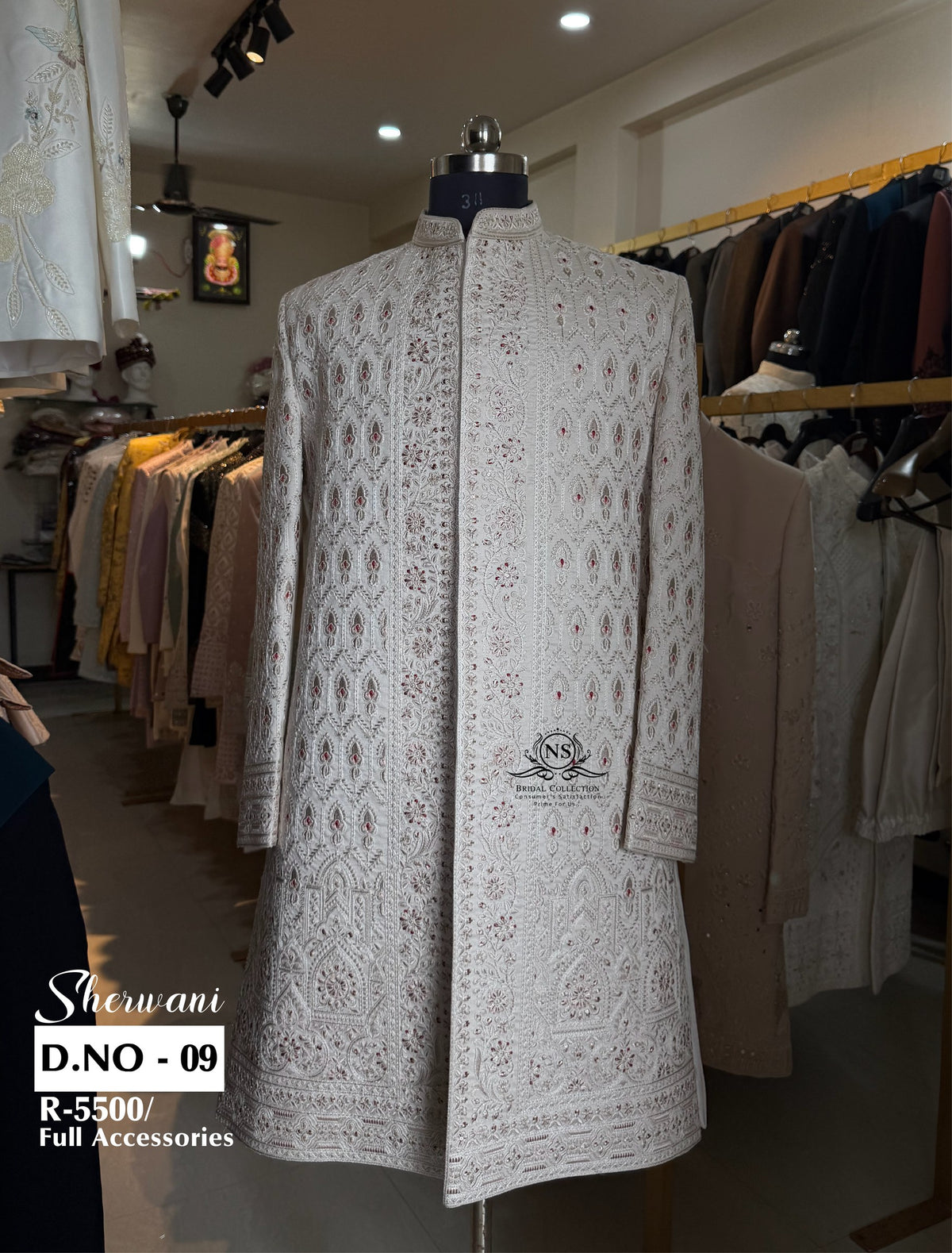 Ivory Concealed Placket Minimal Floral Sherwani - D.NO. 09 for groom – NS Bridal & Groom Collection