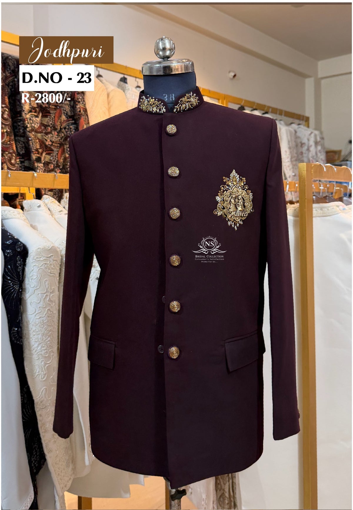 Wine Bandhgala Jodhpuri Suit with Metal Brooch Accent - NS Bridal & Groom Collection