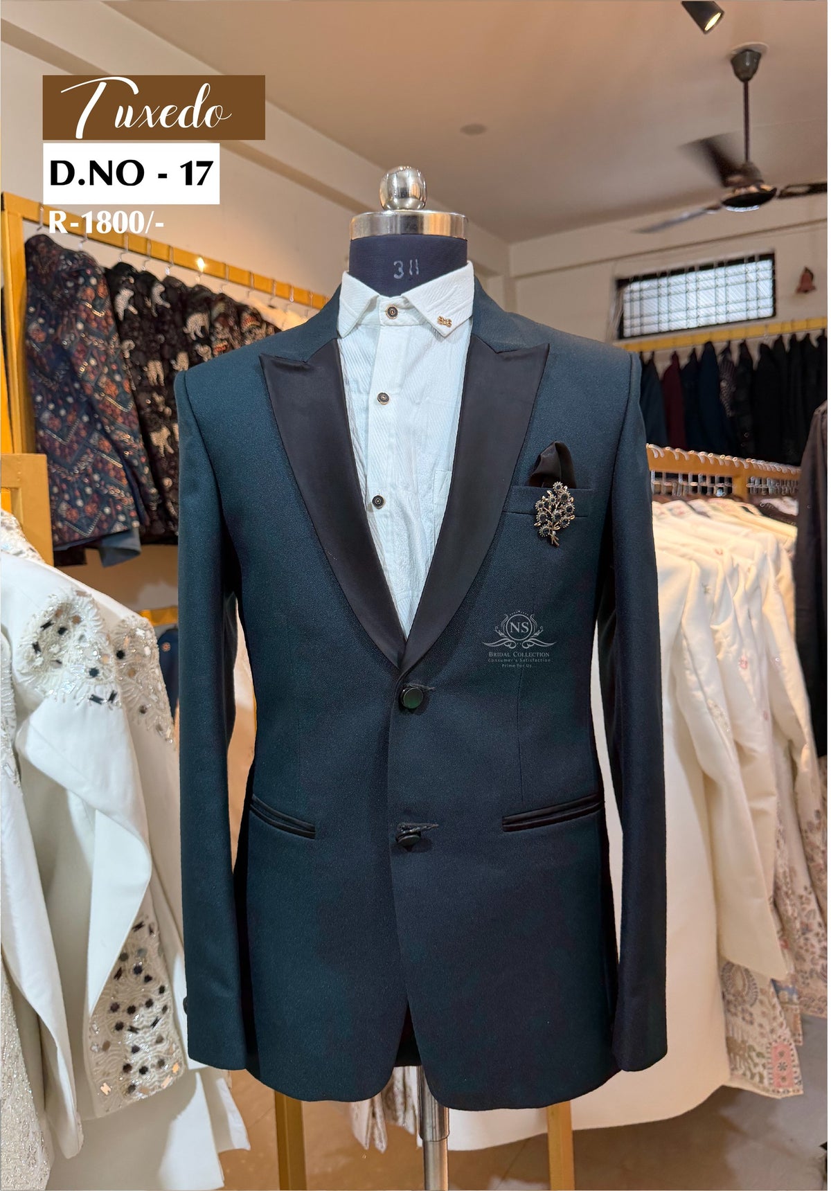 Green Plain Texture Black Satin Lapel Tuxedo - D.NO. 17 – NS Bridal & Groom Collection