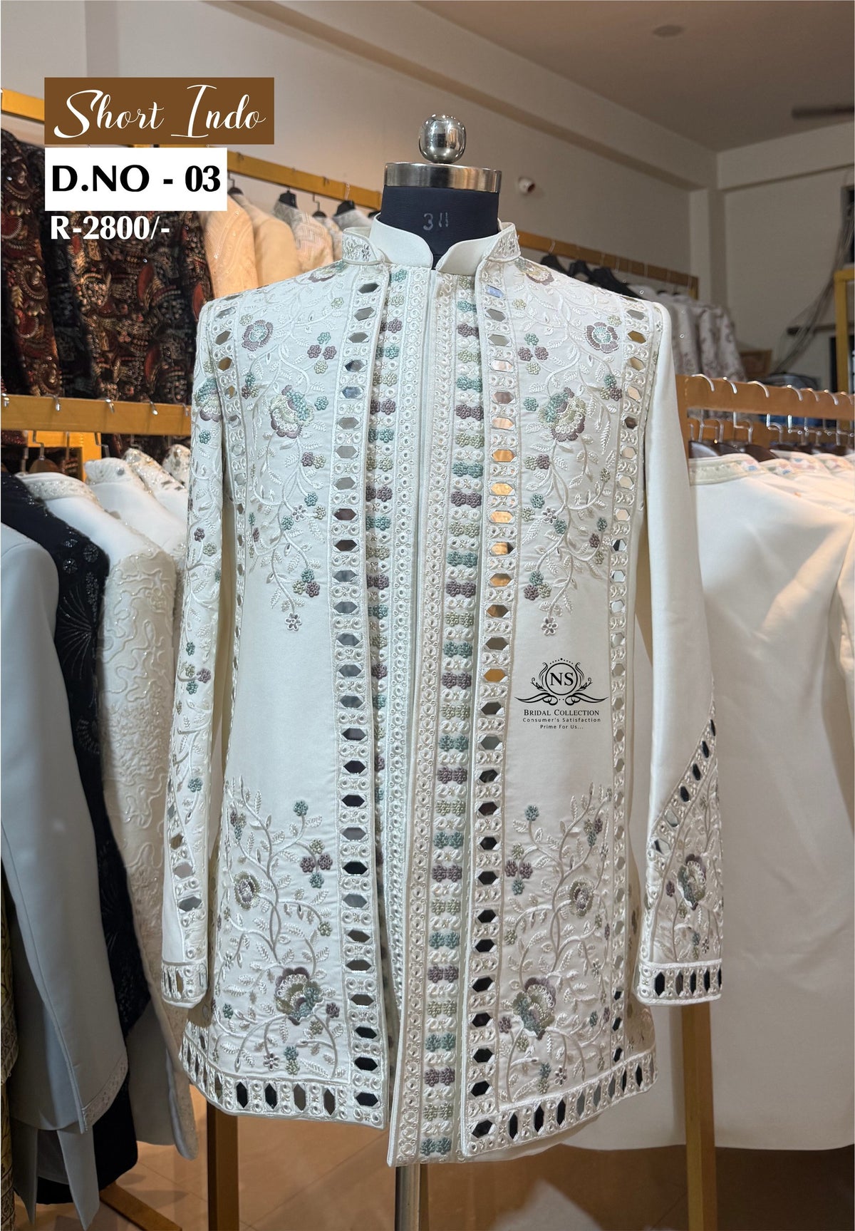 Off White Mirror Work Short Indo Western - D.NO. 03 – NS Bridal & Groom Collection