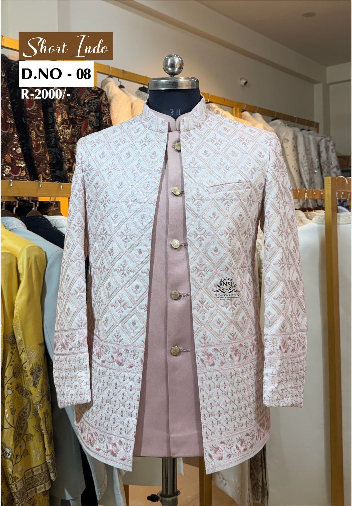 White Base Pink Embroidery Short Indo Western - D.NO. 08 – NS Bridal & Groom Collection