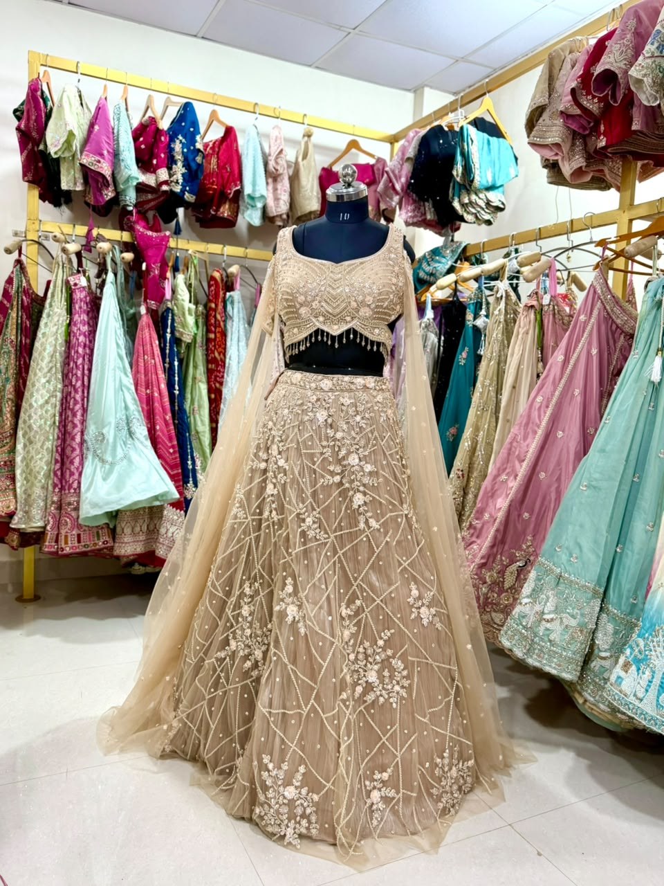 Ivory Falling Slives Western Fishcut Lehenga – D.NO. 08 – NS Bridal & Groom Collection