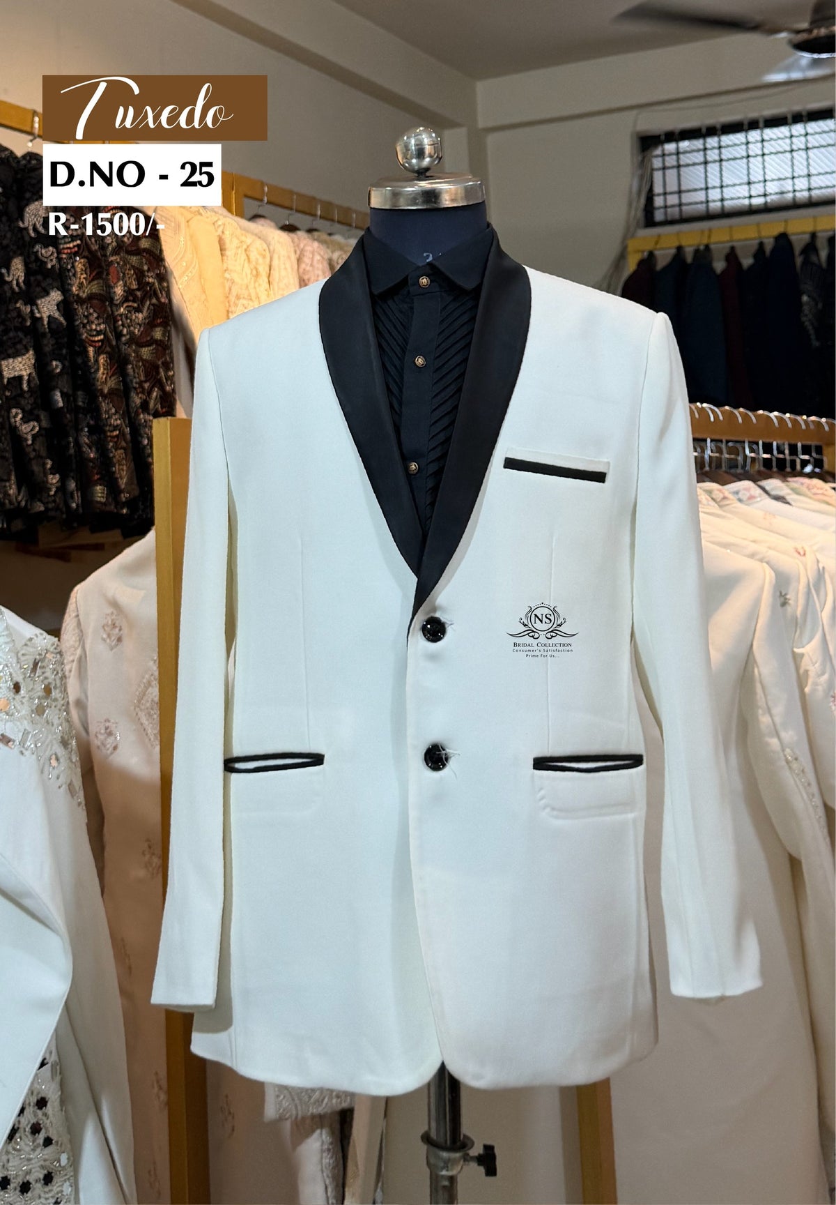 White Plain Black Lapel Tuxedo - D.NO. 25 – NS Bridal & Groom Collection