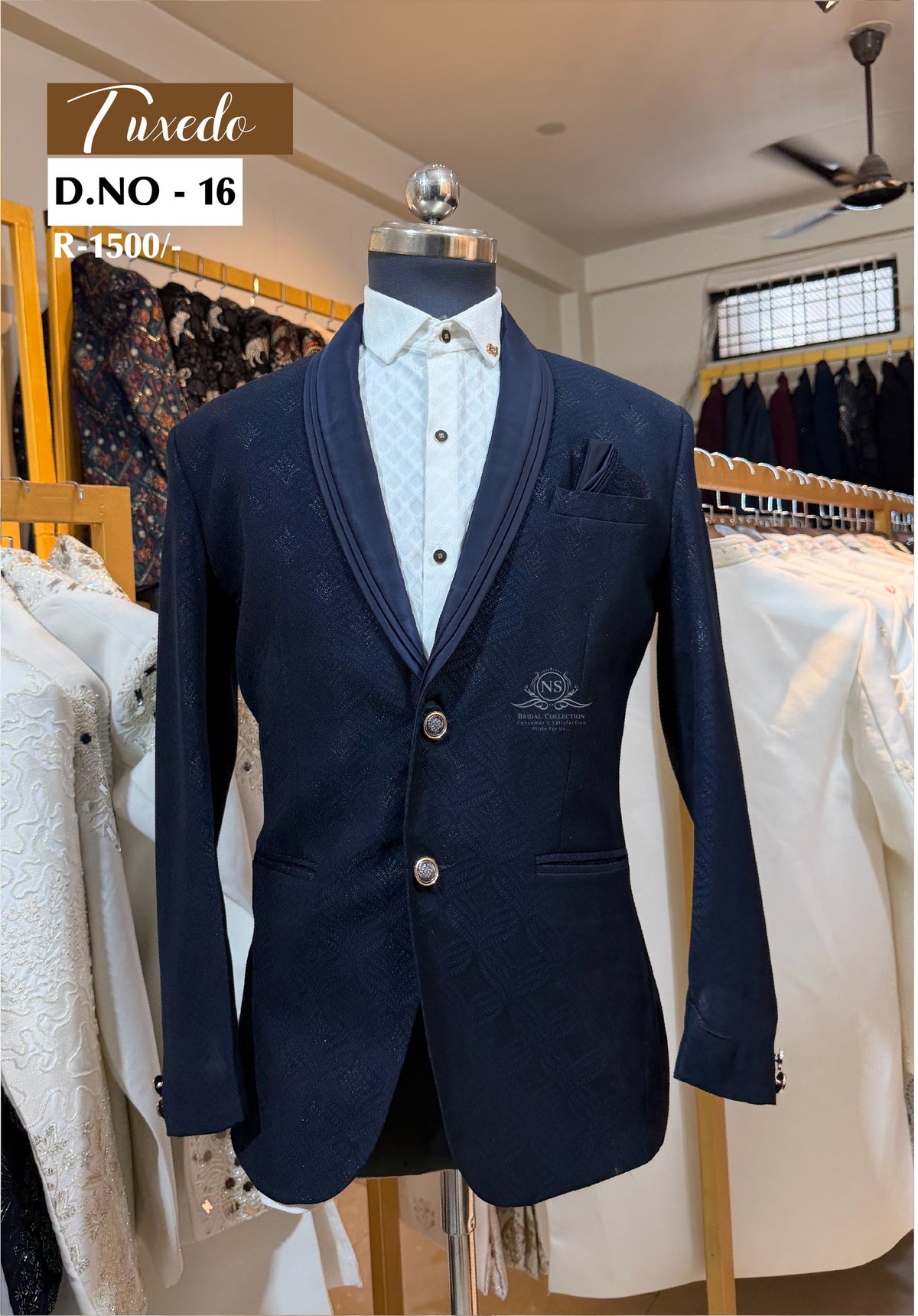 Midnight Navy Textured Jacquard Tuxedo - D.NO. 16 for groom reception – NS Bridal & Groom Collection
