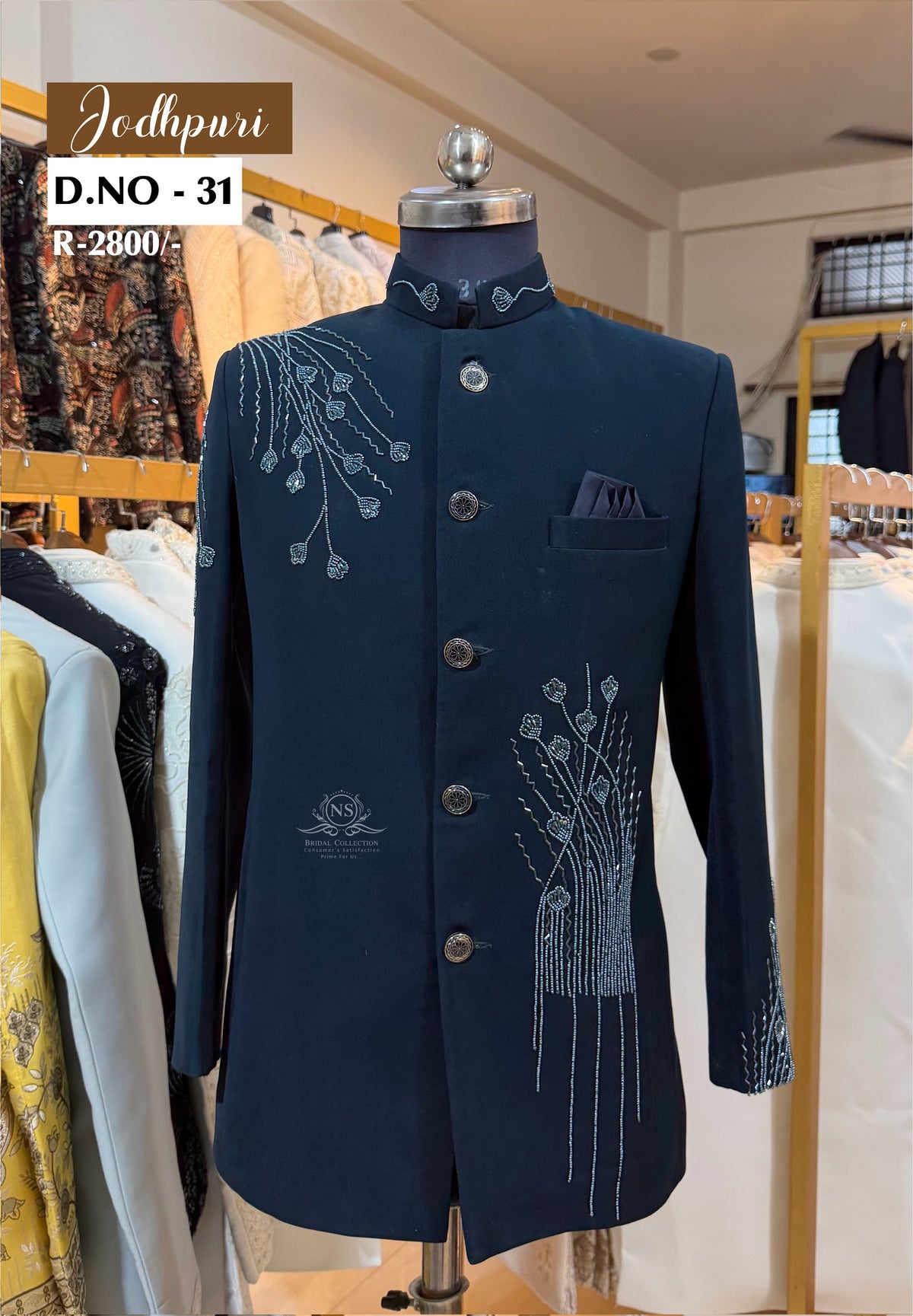 Peacock Green Armani Jodhpuri Suit with Blue Handwork Accents - NS Bridal & Groom Collection