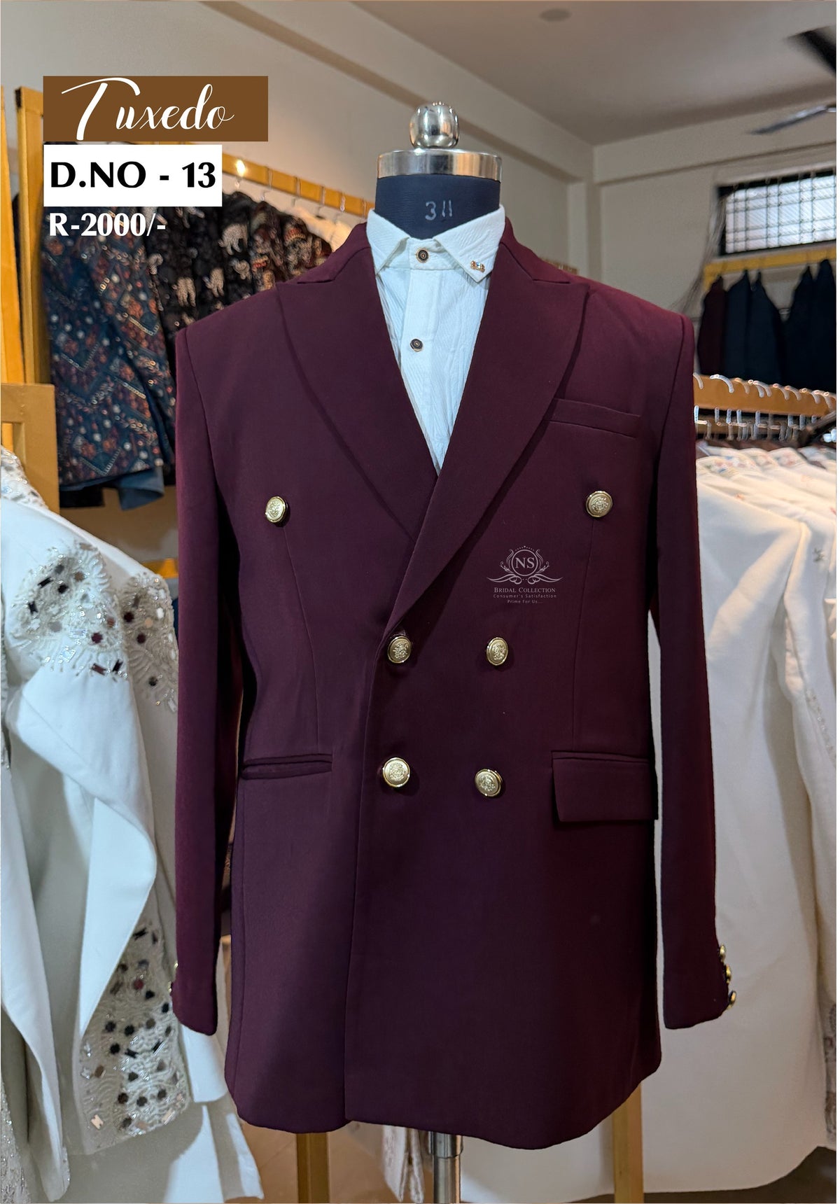 Deep Wine Double-Breasted Crest Button Tuxedo - D.NO. 13 for groom reception – NS Bridal & Groom Collection