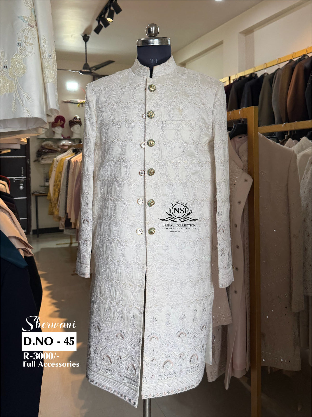 Plain White Light Panel Embroidery Sherwani - D.NO. 45 for groom – NS Bridal & Groom Collection